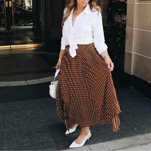 Zara Brown Polka Dot Pleated Midi Skirt